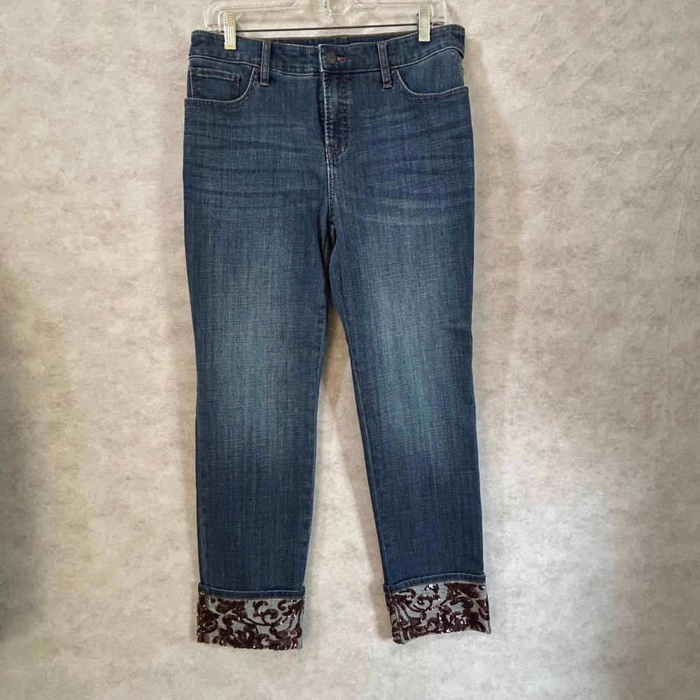 Chicos So Slimming Girlfriend Slim Leg Ankle Jeans Sequin Cuff Blue 8P 1P